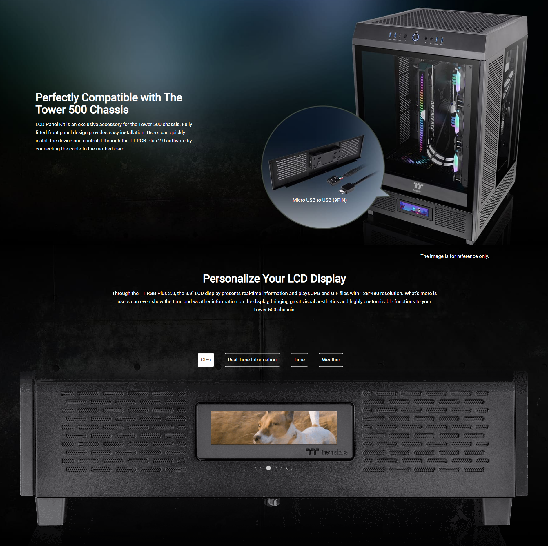A large marketing image providing additional information about the product Thermaltake LCD Display Panel Kit for The Tower 500 (Black) - Additional alt info not provided